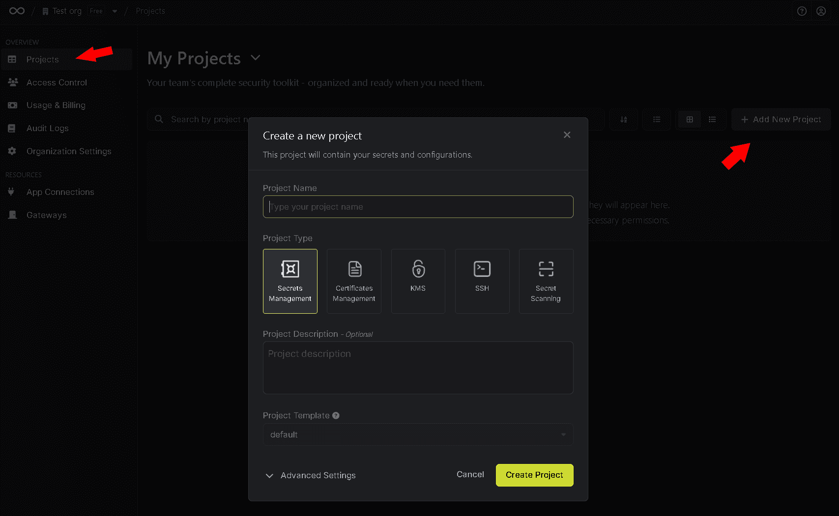 Infisical create project