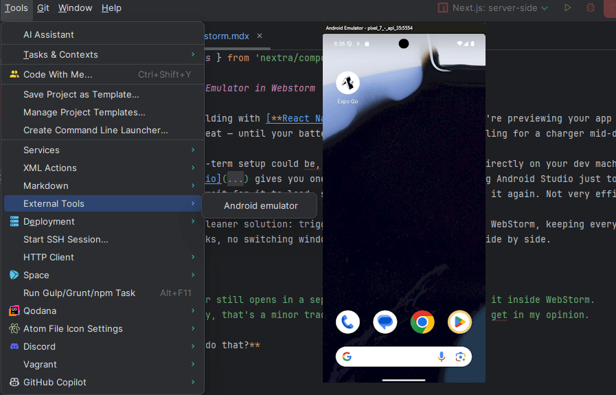 Add emulator to Webstorm