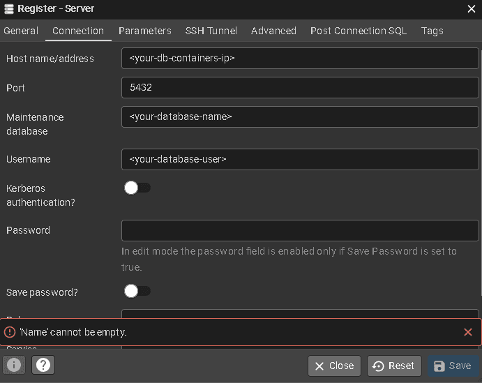 pgAdmin register server connection