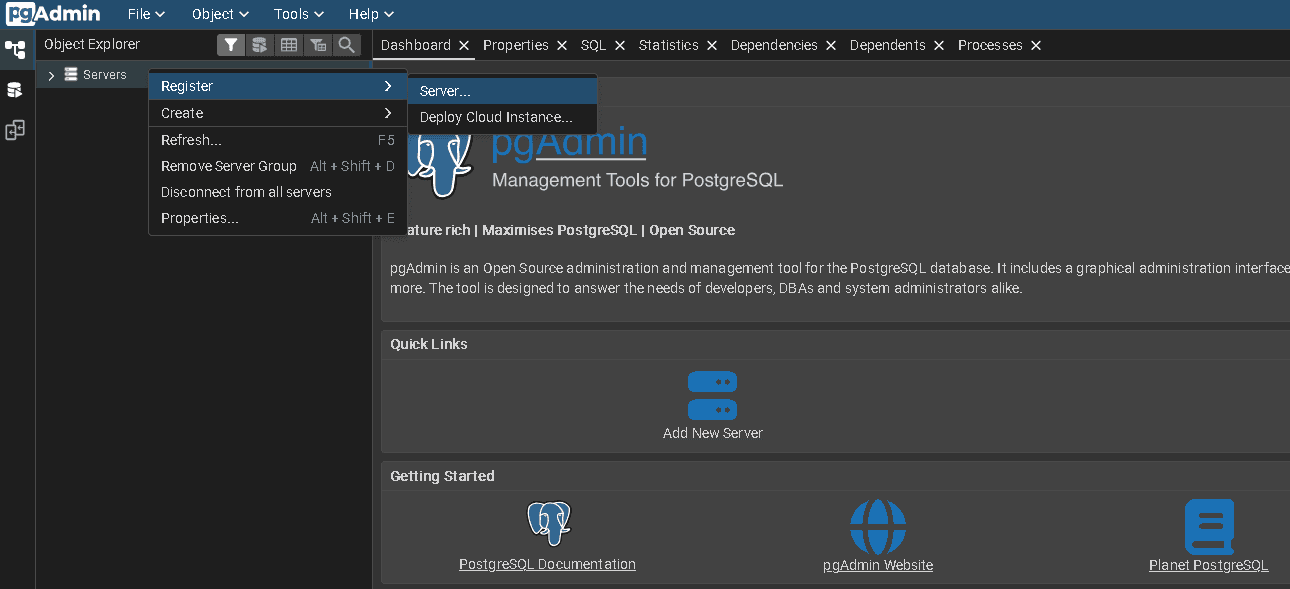 pgAdmin register new server