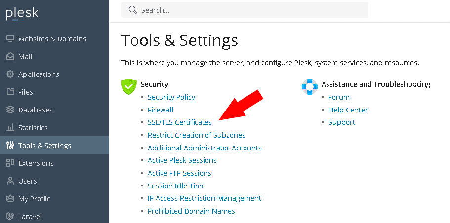 Plesk add ssl menu